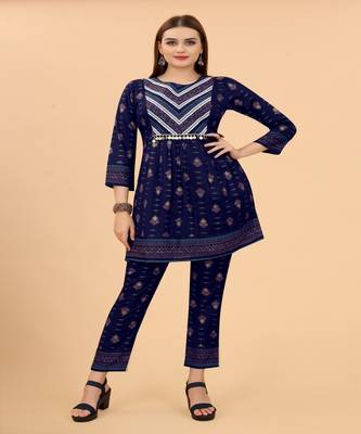 Growish Navy Blue Foil Print With Embroidery Designer Kurta Set 1