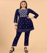Growish Navy Blue Foil Print With Embroidery Designer Kurta Set