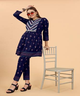 Growish Navy Blue Foil Print With Embroidery Designer Kurta Set 3