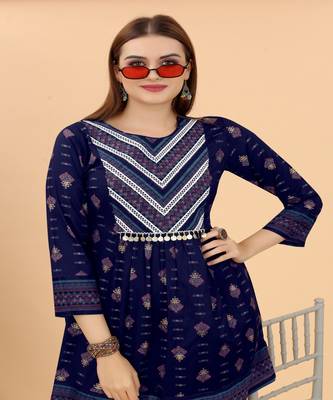 Growish Navy Blue Foil Print With Embroidery Designer Kurta Set 4