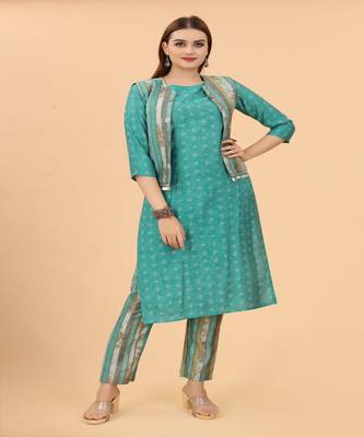 Growish Sea Green Print with Koit Designer Kurta Set 1