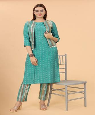 Growish Sea Green Print with Koit Designer Kurta Set 3