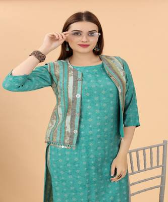 Growish Sea Green Print with Koit Designer Kurta Set 4