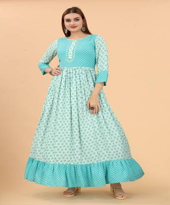 Growish Sea Green Mirror work viscose Anrakali Gown 1