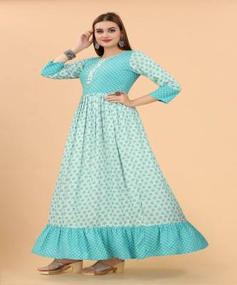 Growish Sea Green Mirror work viscose Anrakali Gown 2