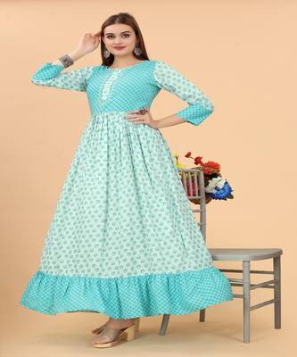 Growish Sea Green Mirror work viscose Anrakali Gown 3