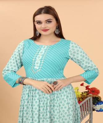 Growish Sea Green Mirror work viscose Anrakali Gown 4