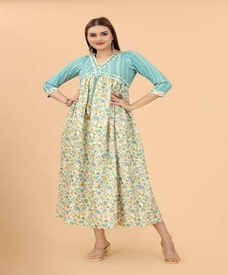 Growish Blue and Cream lace Embroidery Work Cotton Anarkali Gown 1