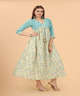 Growish Blue and Cream lace Embroidery Work Cotton Anarkali Gown 2
