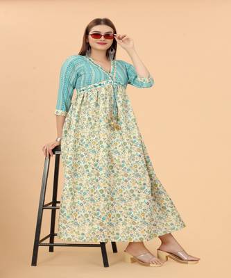 Growish Blue and Cream lace Embroidery Work Cotton Anarkali Gown 3