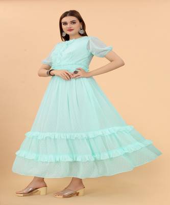 Growish Sea Green Georgette Butti with Belt Anarkali Gown 2
