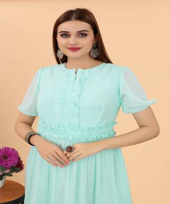 Growish Sea Green Georgette Butti with Belt Anarkali Gown 4