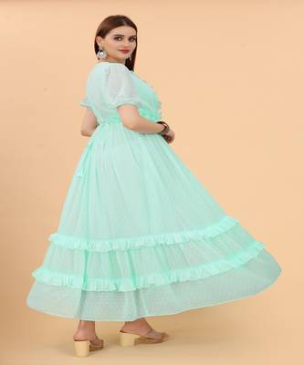 Growish Sea Green Georgette Butti with Belt Anarkali Gown 5