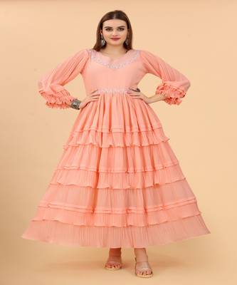 Growish Peach Frill with Digital lace Touch Anrkali Gown 1