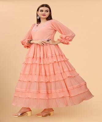 Growish Peach Frill with Digital lace Touch Anrkali Gown 2