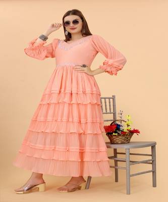 Growish Peach Frill with Digital lace Touch Anrkali Gown 3