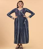 Growish Navy Blue Foil Print Mirror work Straight Gown