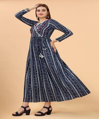 Growish Navy Blue Foil Print Mirror work Straight Gown 2