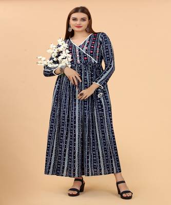 Growish Navy Blue Foil Print Mirror work Straight Gown 3