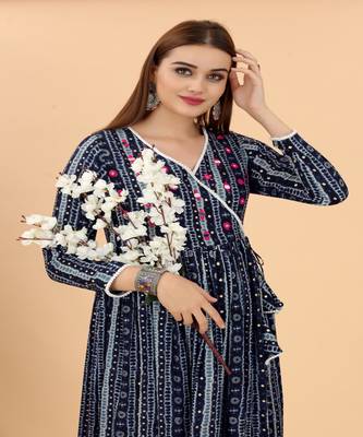 Growish Navy Blue Foil Print Mirror work Straight Gown 4