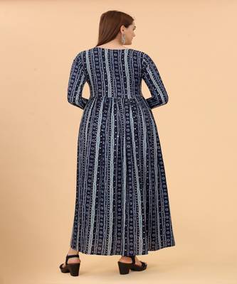 Growish Navy Blue Foil Print Mirror work Straight Gown 5