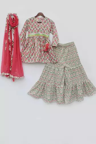 Coral Floral Print Kurti Sharara