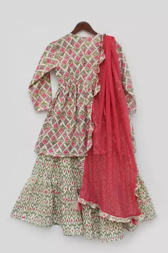 Coral Floral Print Kurti Sharara