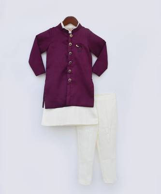 Wine Silk Jacket and Off white Kurta Pant 1