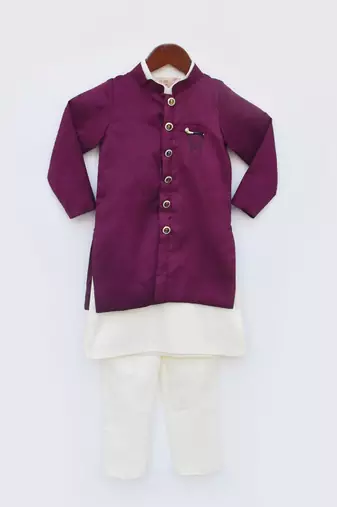 Wine Silk Jacket and Off white Kurta Pant