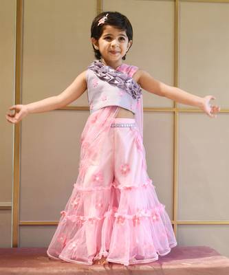 Lilac Choli and Pink Flower Net Sharara 1