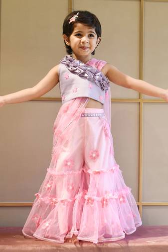 Lilac Choli and Pink Flower Net Sharara