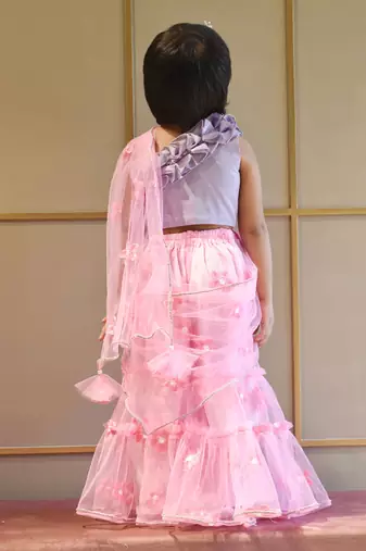 Lilac Choli and Pink Flower Net Sharara