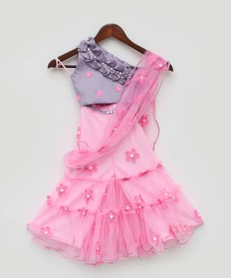 Lilac Choli and Pink Flower Net Sharara 3