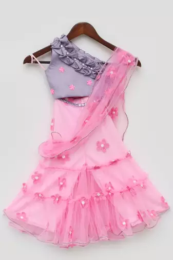 Lilac Choli and Pink Flower Net Sharara