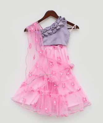 Lilac Choli and Pink Flower Net Sharara 4