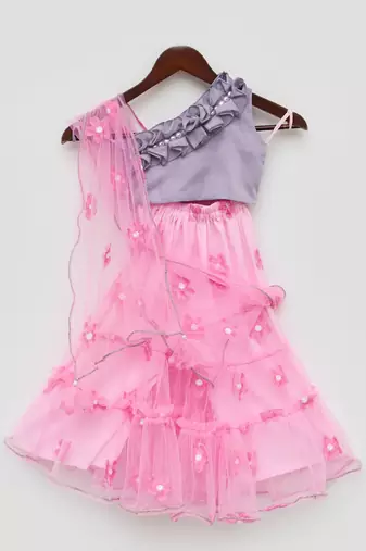 Lilac Choli and Pink Flower Net Sharara