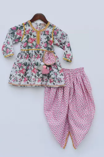 Pink Floral Print Peplum and Dhoti