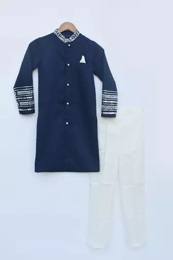 Blue Silk Ajkan and Off white Pant