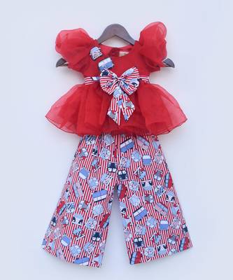 Red Organza Top and Printed Plazo Pant 1
