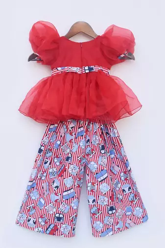 Red Organza Top and Printed Plazo Pant