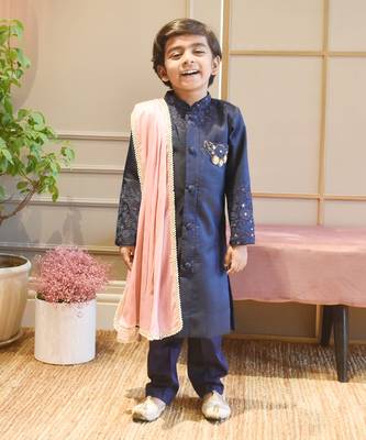 Blue Silk Ajkan with Pant and Pink Stole 1