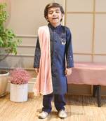 Blue Silk Ajkan with Pant and Pink Stole