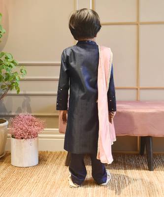 Blue Silk Ajkan with Pant and Pink Stole 2