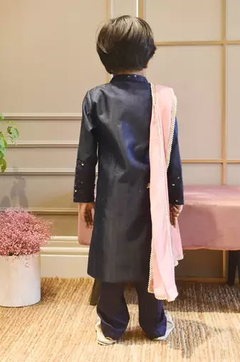 Blue Silk Ajkan with Pant and Pink Stole