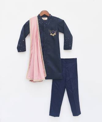 Blue Silk Ajkan with Pant and Pink Stole 3