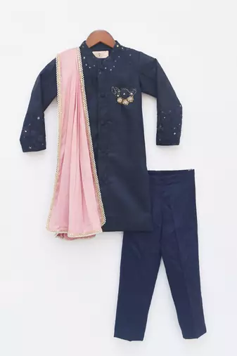 Blue Silk Ajkan with Pant and Pink Stole
