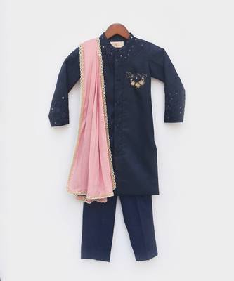 Blue Silk Ajkan with Pant and Pink Stole 4