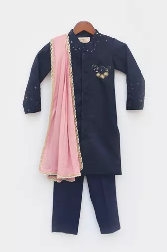 Blue Silk Ajkan with Pant and Pink Stole