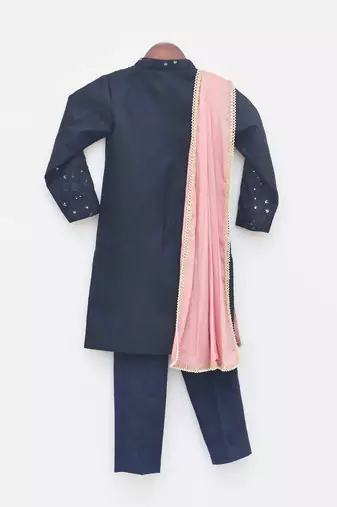Blue Silk Ajkan with Pant and Pink Stole