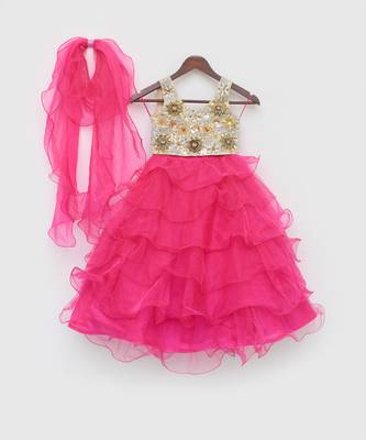 3D Flowers Choli and Pink Organza Layers Lehenga 1